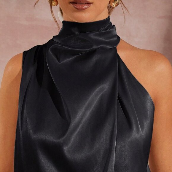 Black Elegant Women's Asymmetrical Mock Neck Draped Front Satin Romper - Picture 4 of 6